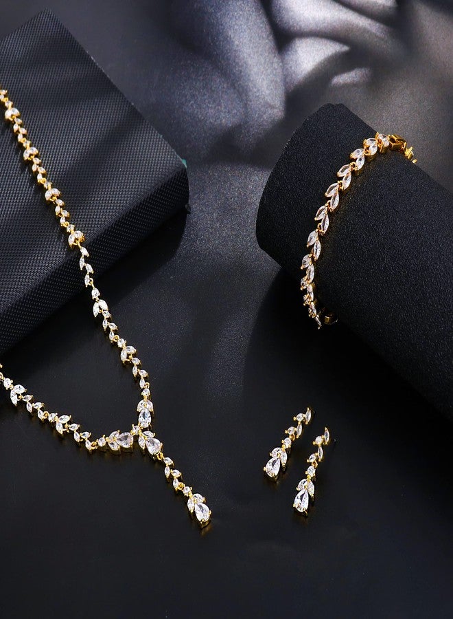 MEEDOZ Bridal Wedding Jewelry CZ Set Marquise Teardrop Cubic Zirconia Pendant Necklace and Dangle Earring Bracelet Sets for Women (Gold plated - 03) - Image 3